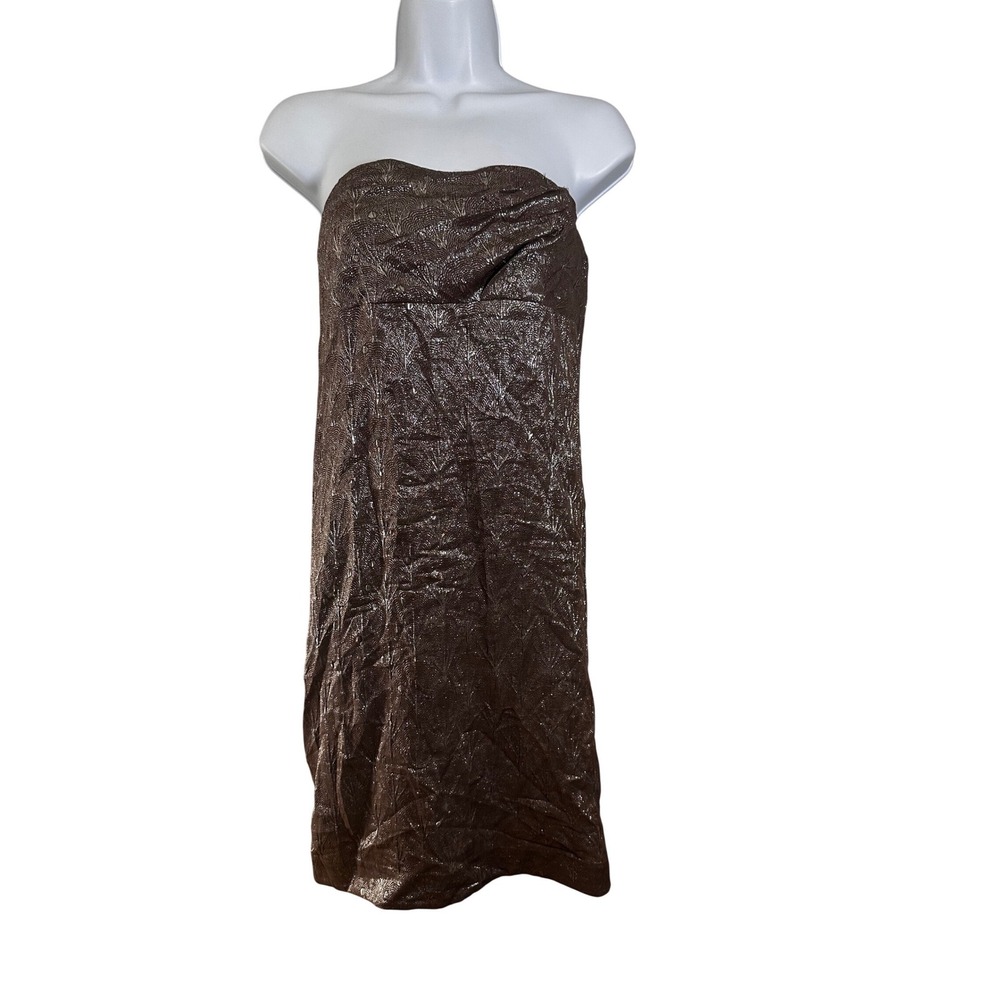Ports 1961 Strapless Draped Jacquard Silk Dress Dulse Brown Metallic Size 2 NEW